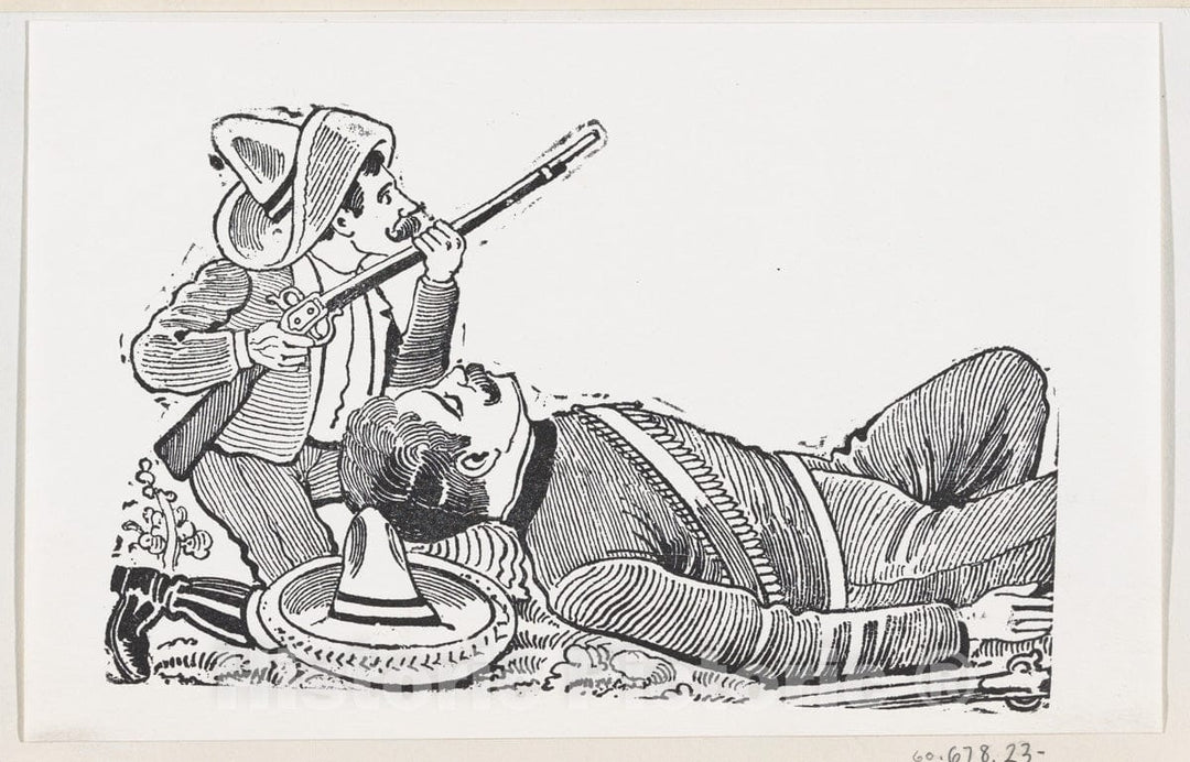 Art Print : José Guadalupe Posada - A Revolutionary Holding a Rifle and Kneeling to Protect a Fallen Revolutionary 2 : Vintage Wall Art