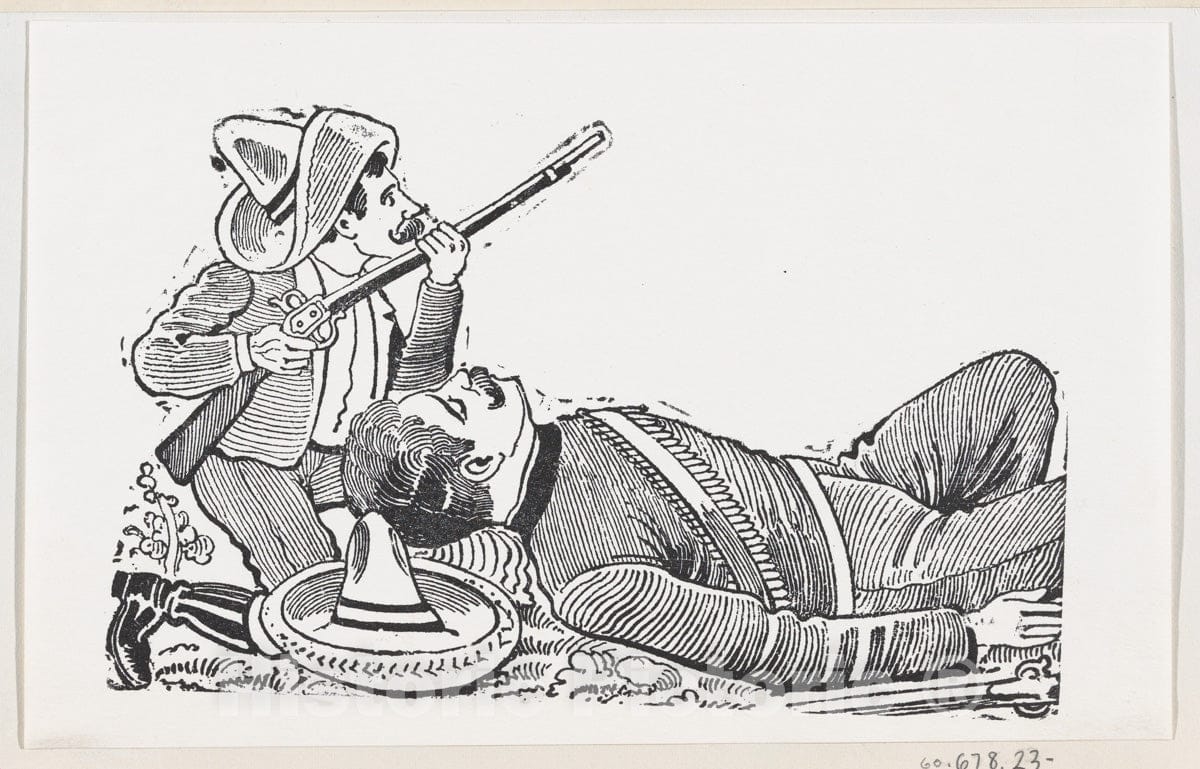 Art Print : José Guadalupe Posada - A Revolutionary Holding a Rifle and Kneeling to Protect a Fallen Revolutionary 2 : Vintage Wall Art