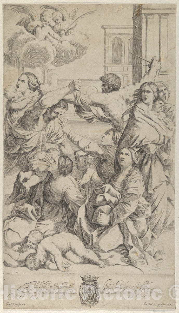 Art Print : Engraved by Gian Battista Bolognini - Massacre of The Innocents; Group of Women and Children Being Attacked, Two Angels at Upper Left, After Reni 1 : Vintage Wall Art