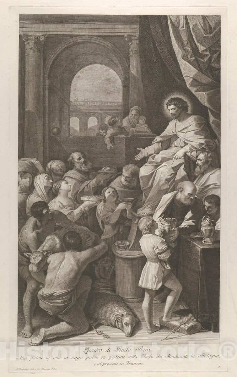 Art Print : Engraved by Giuliano Traballesi - Saint Job Seated at Right Receiving The Gifts of The People, Archway at Left, After Reni : Vintage Wall Art