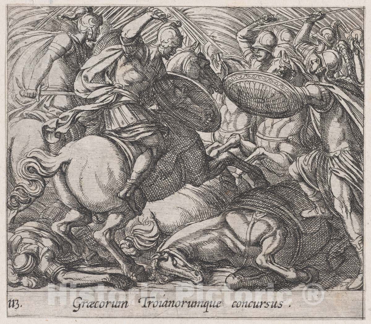 Art Print : Antonio Tempesta - Plate 113: The Greeks Battling The Trojans (Graecorum Troianorumque concursus), from Ovid's 'Metamorphoses' : Vintage Wall Art