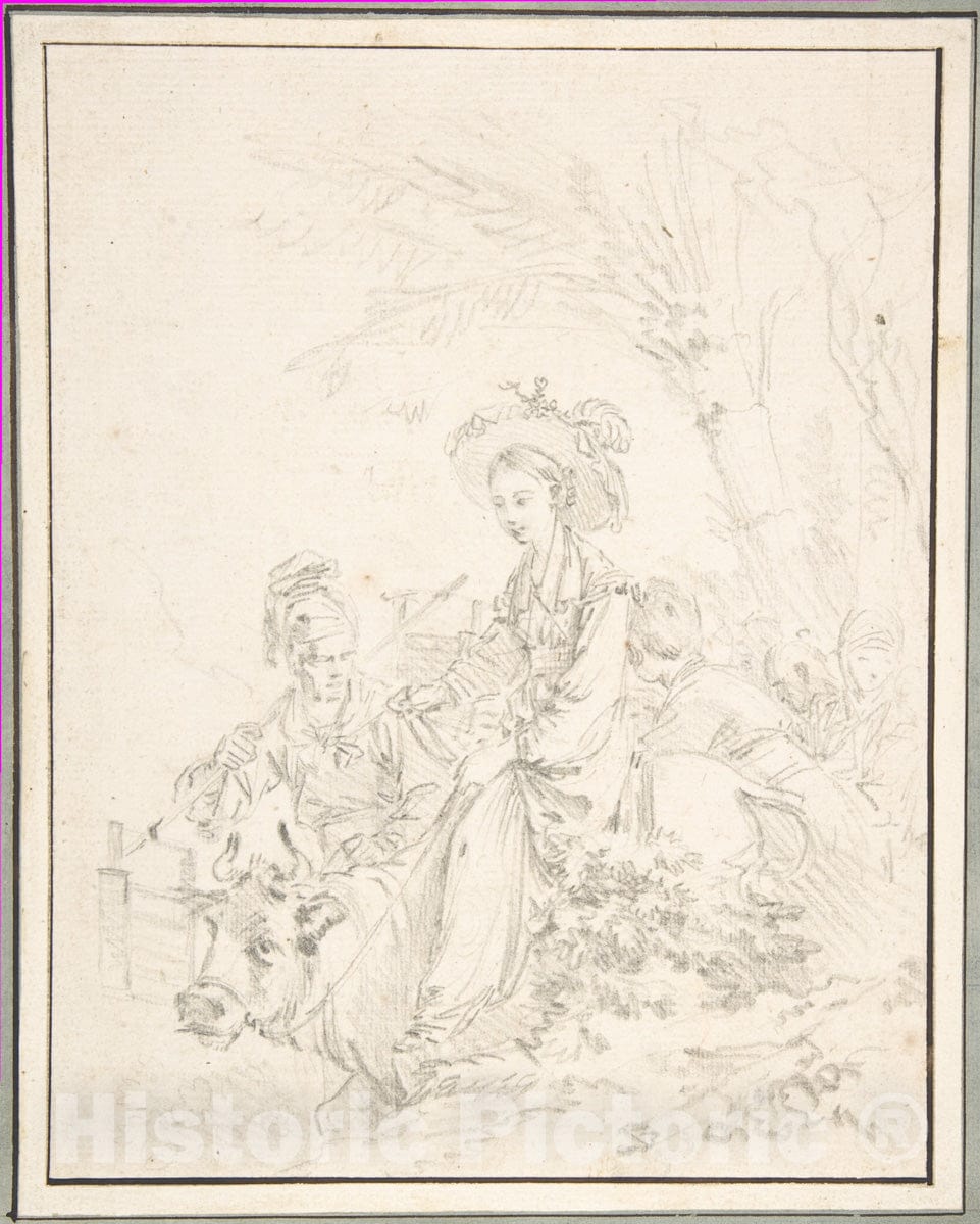Art Print : François Boucher - Peasant Girl Riding an Ox with Companions : Vintage Wall Art