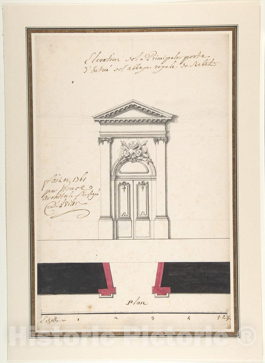 Art Print : Claude Louis D'Aviler - Design for an Elevation of a Gateway, Abbey at Rebais (Seine et Marne) : Vintage Wall Art