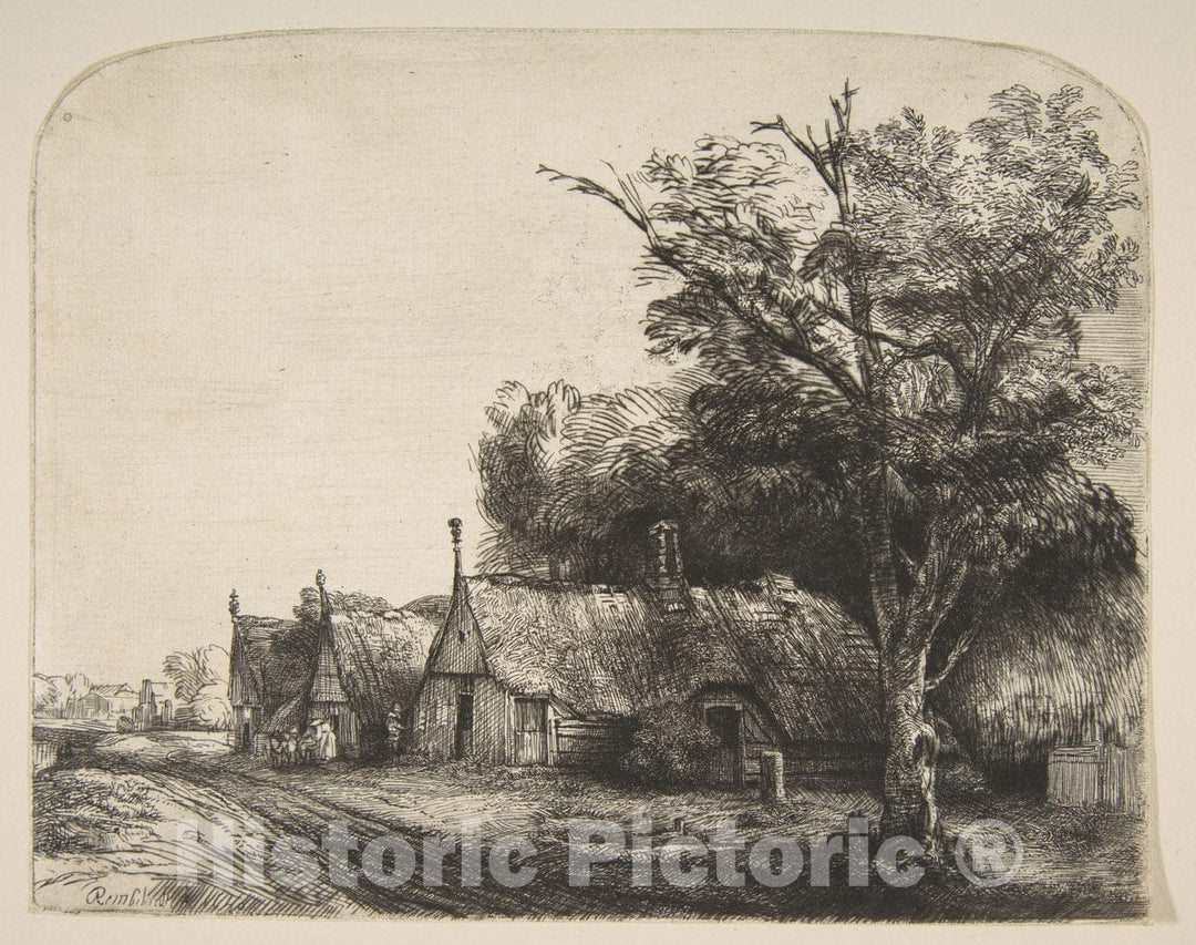Art Print : Rembrandt (Rembrandt Van Rijn) - Landscape with Three Gabled Cottages Beside a Road 1 : Vintage Wall Art