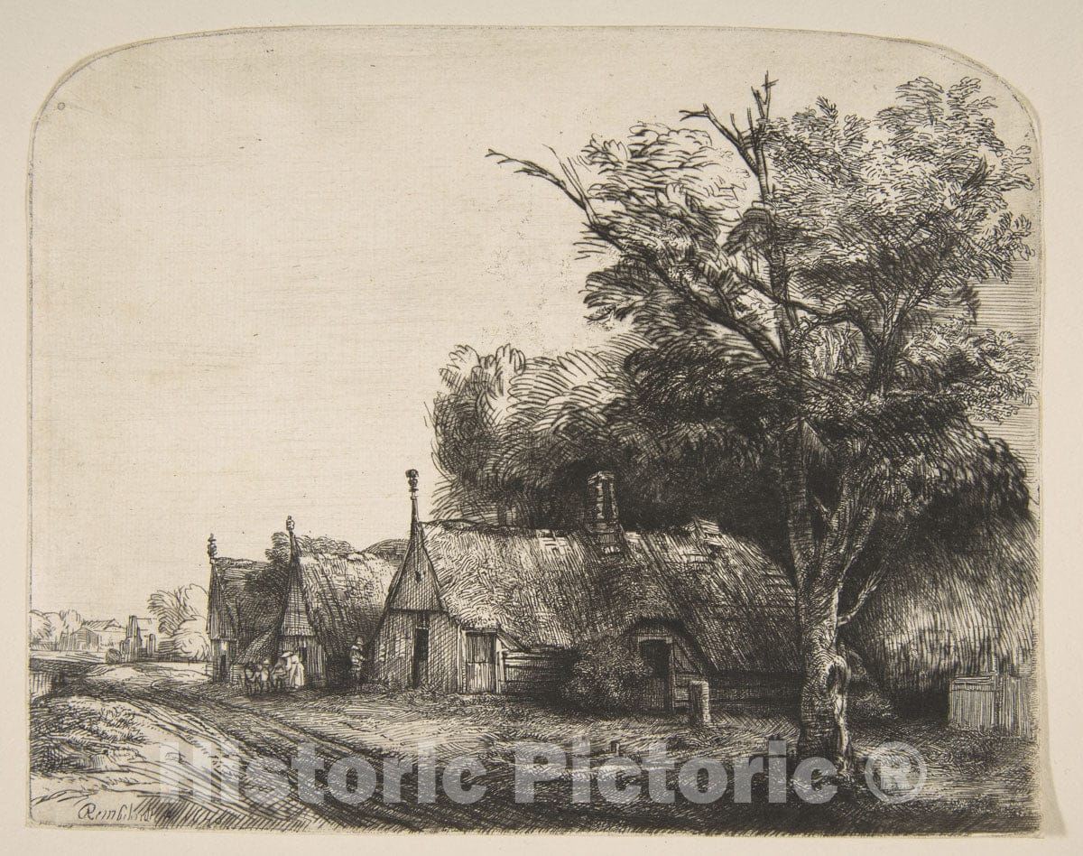 Art Print : Rembrandt (Rembrandt Van Rijn) - Landscape with Three Gabled Cottages Beside a Road 1 : Vintage Wall Art