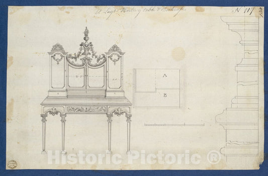 Art Print : Thomas Chippendale - Lady's Writing Table and Bookcase, from Chippendale Drawings, Vol. II : Vintage Wall Art