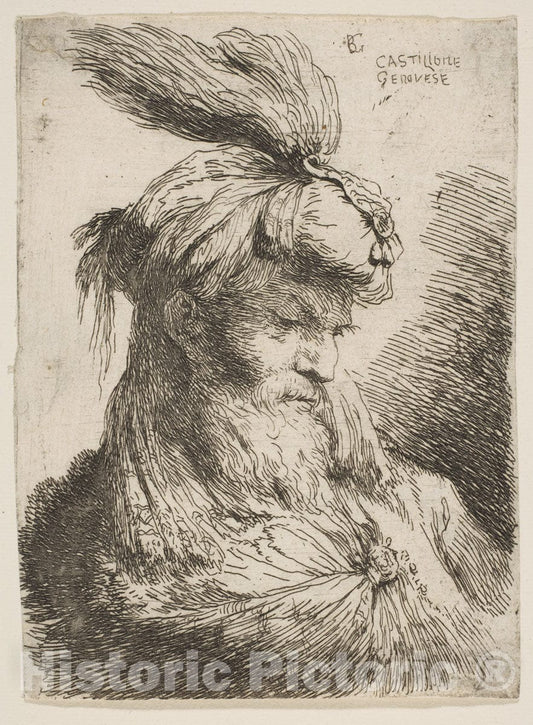 Art Print : Giovanni Benedetto Castiglione (Il Grechetto) - Head of a Bearded Man with a Turban Facing Right : Vintage Wall Art