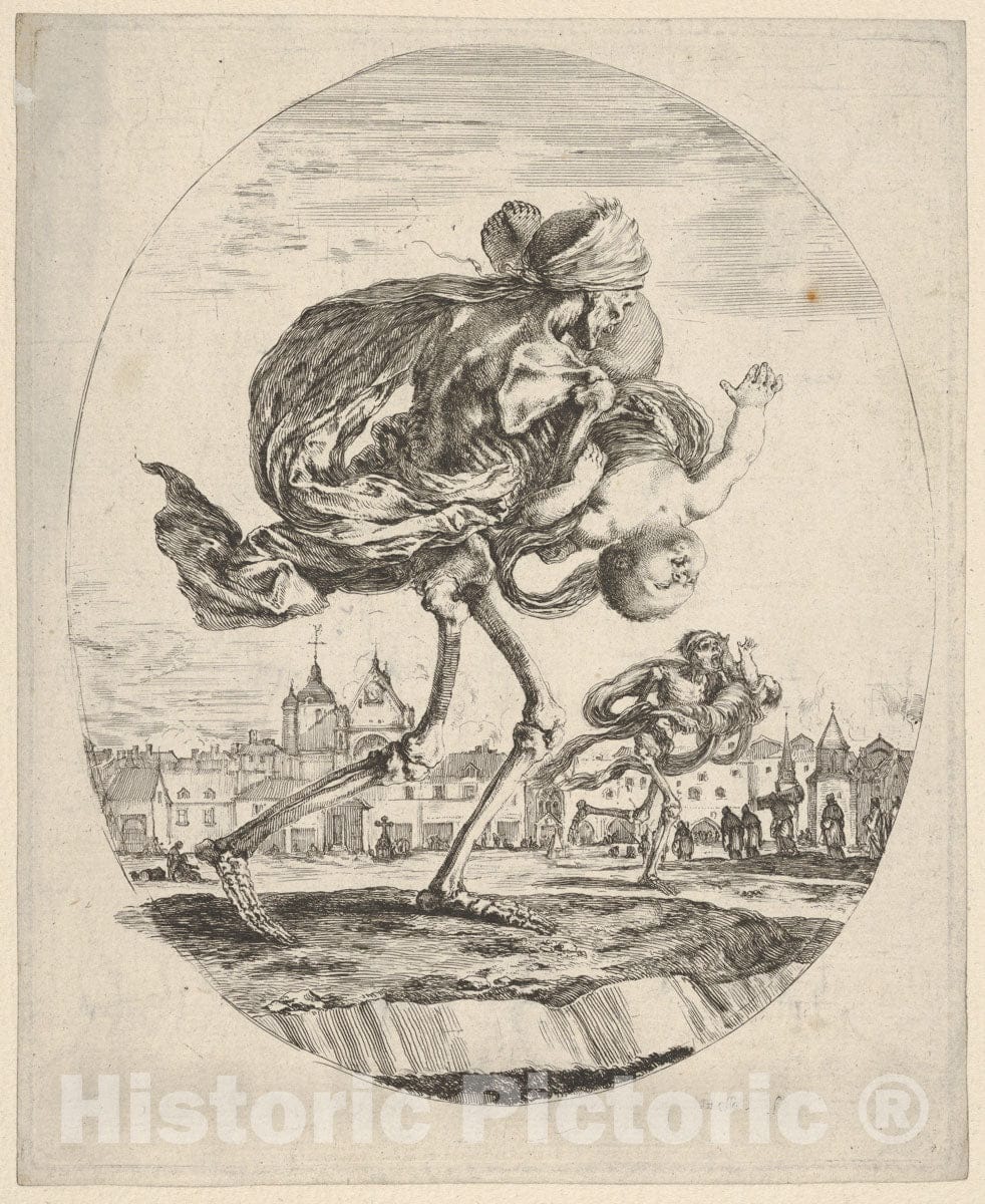 Art Print : Death Walking Towards The Right and Carrying an Infant Upside Down - Artist: Stefano Della Bella - Created: : Vintage Wall Art
