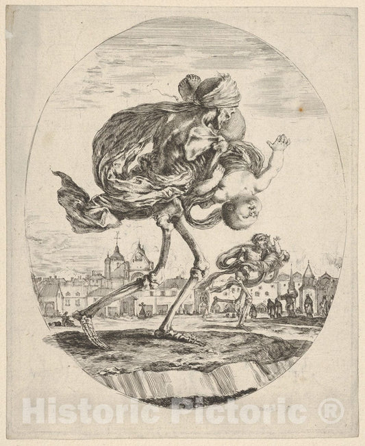 Art Print : Death Walking Towards The Right and Carrying an Infant Upside Down - Artist: Stefano Della Bella - Created: : Vintage Wall Art
