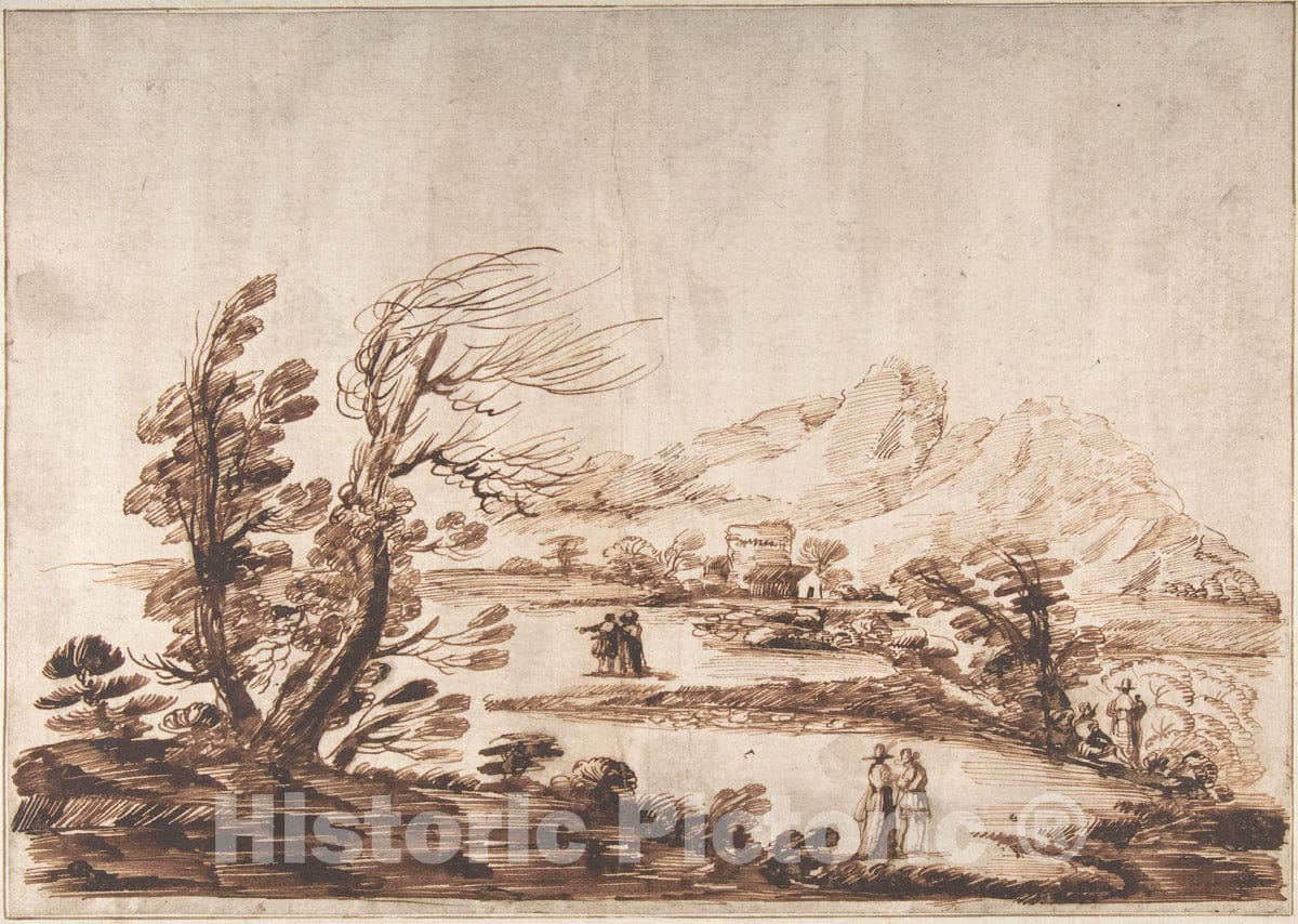 Art Print : 18th Century Imitator of Guercino (Giovanni Francesco Barbieri) - Landscape with Six Figures. : Vintage Wall Art