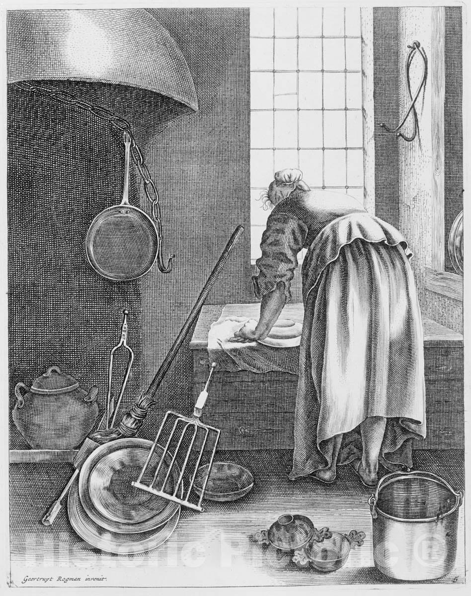 Art Print : Geertruydt Roghman - A Woman Cleaning, Plate 5 from Five Feminine Occupations : Vintage Wall Art