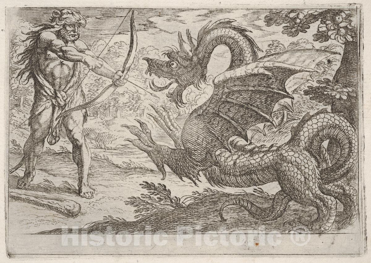 Art Print : Hercules and The Serpent Ladon - Artist: Antonio Tempesta- Created: 1608 : Vintage Wall Art
