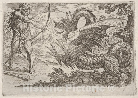 Art Print : Hercules and The Serpent Ladon - Artist: Antonio Tempesta- Created: 1608 : Vintage Wall Art