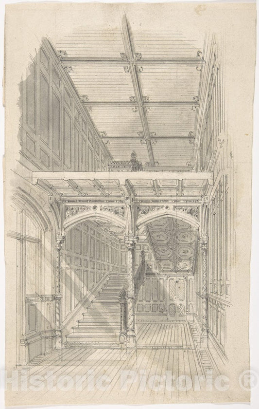 Art Print : British, 19th Century - Design for a Tudor Paneled Hall and Staircase : Vintage Wall Art