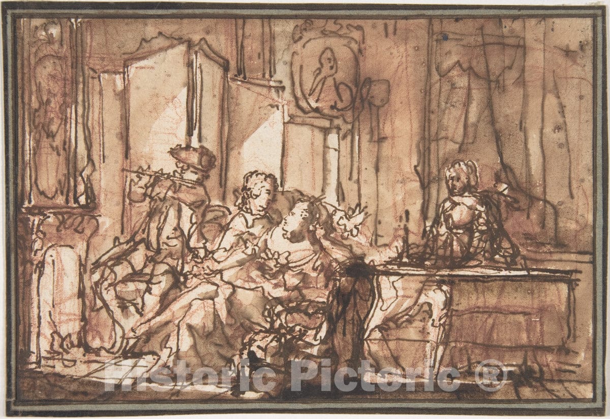 Art Print : French, 18th Century - Interior with Figures : Vintage Wall Art