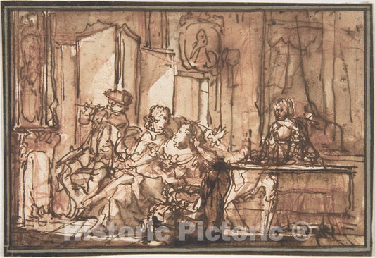 Art Print : French, 18th Century - Interior with Figures : Vintage Wall Art