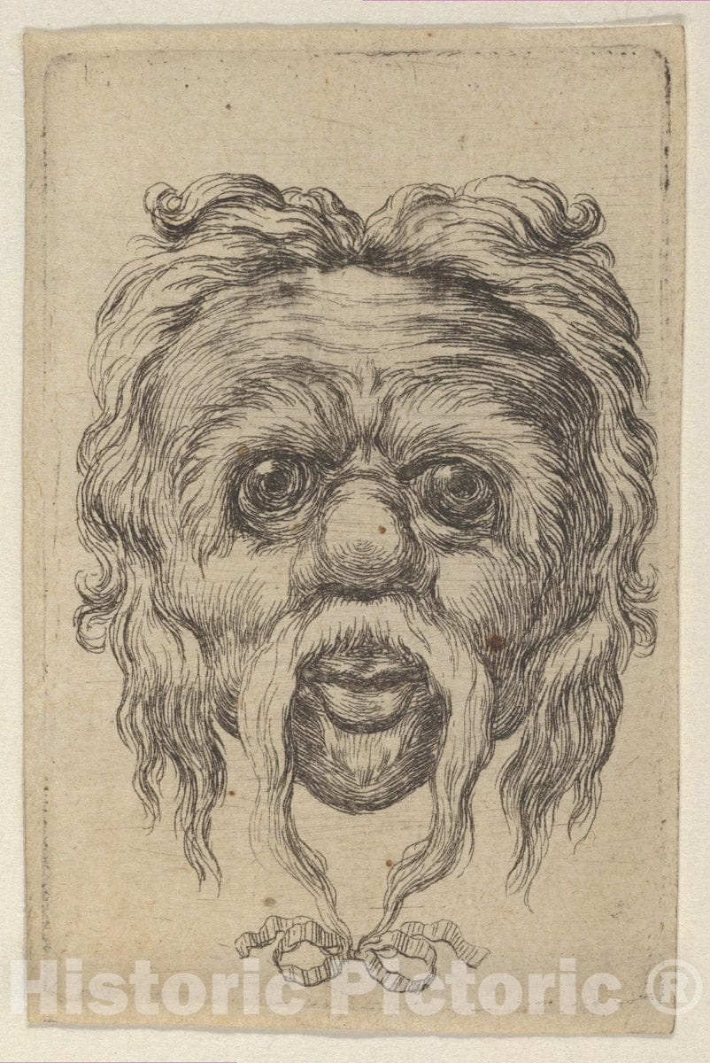 Art Print : François Chauveau - Mask with a Long Mustache Tied with a Ribbon Beneath The Chin, from Divers Masques : Vintage Wall Art