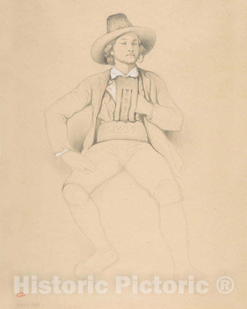 Art Print : Théodore Valerio - A Man in Tyrolean Costume, Seated, Smoking a Pipe : Vintage Wall Art