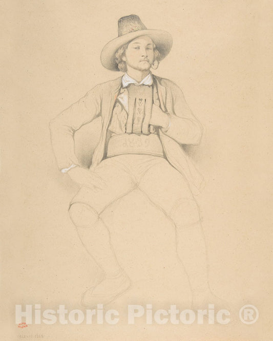 Art Print : Théodore Valerio - A Man in Tyrolean Costume, Seated, Smoking a Pipe : Vintage Wall Art