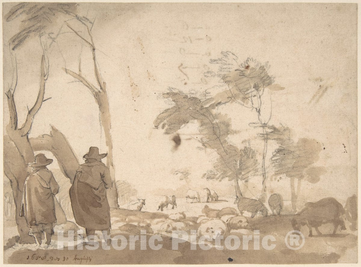 Art Print : Jacob Van der Does - Landscape with Sheep and Two Figures (Recto)