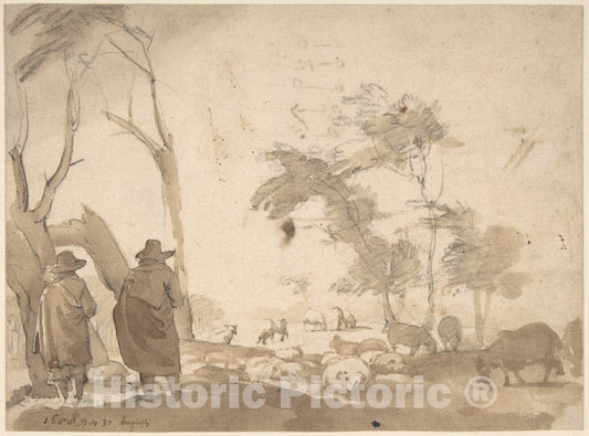 Art Print : Jacob Van der Does - Landscape with Sheep and Two Figures (Recto)
