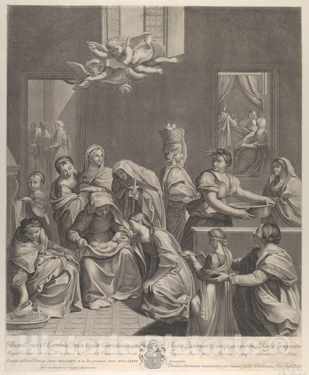 Art Print : Étienne Picart - The Birth of The Virgin; Woman Seated with an Infant in her Lap, numerous Women Surrounding her, Angels Above, After Reni : Vintage Wall Art