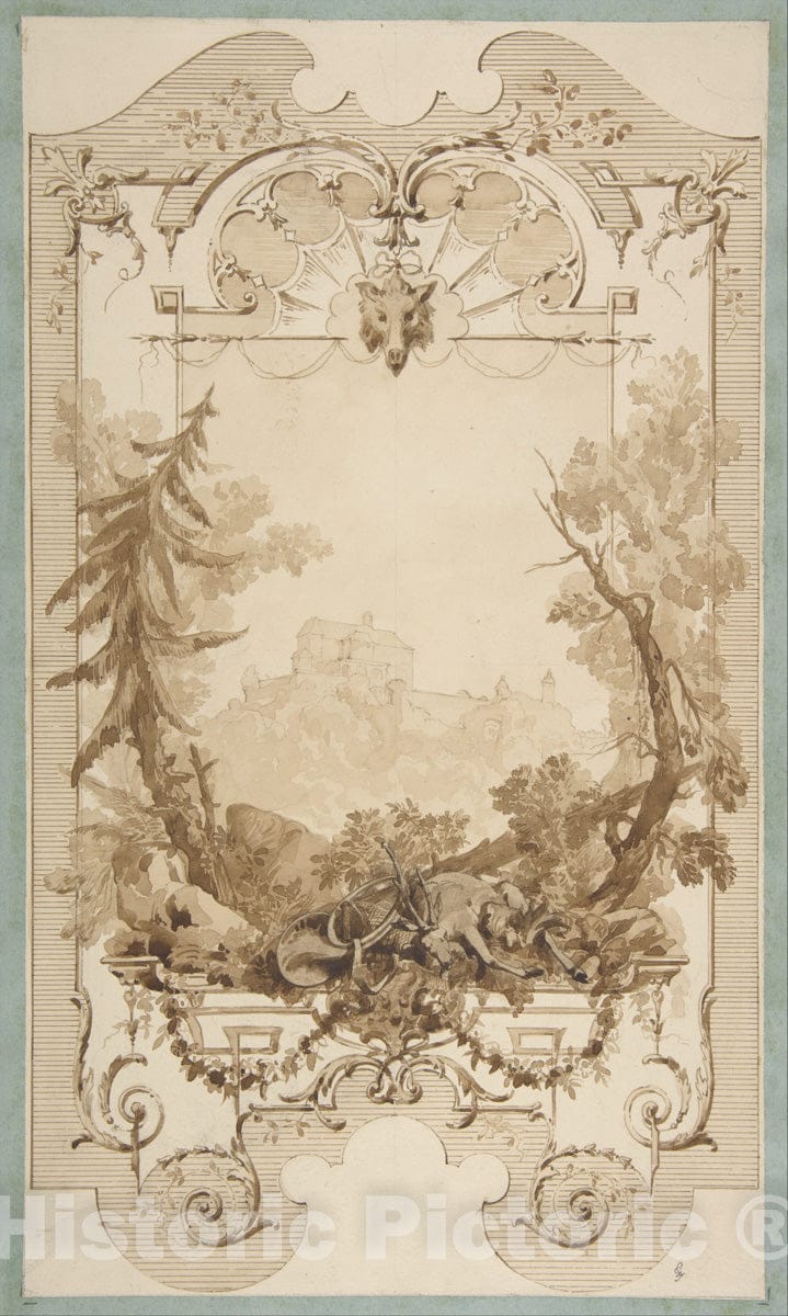 Art Print : Jules-Edmond-Charles Lachaise - Design for a Decorative Wall Panel with Hunting Motif, Pless Chateau, Silesia : Vintage Wall Art