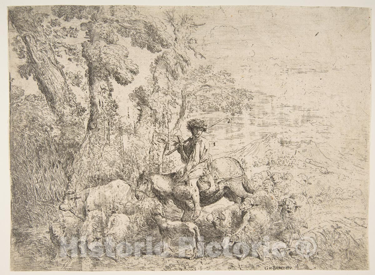 Art Print : Giovanni Benedetto Castiglione (Il Grechetto) - Young Shepherd on Horseback : Vintage Wall Art