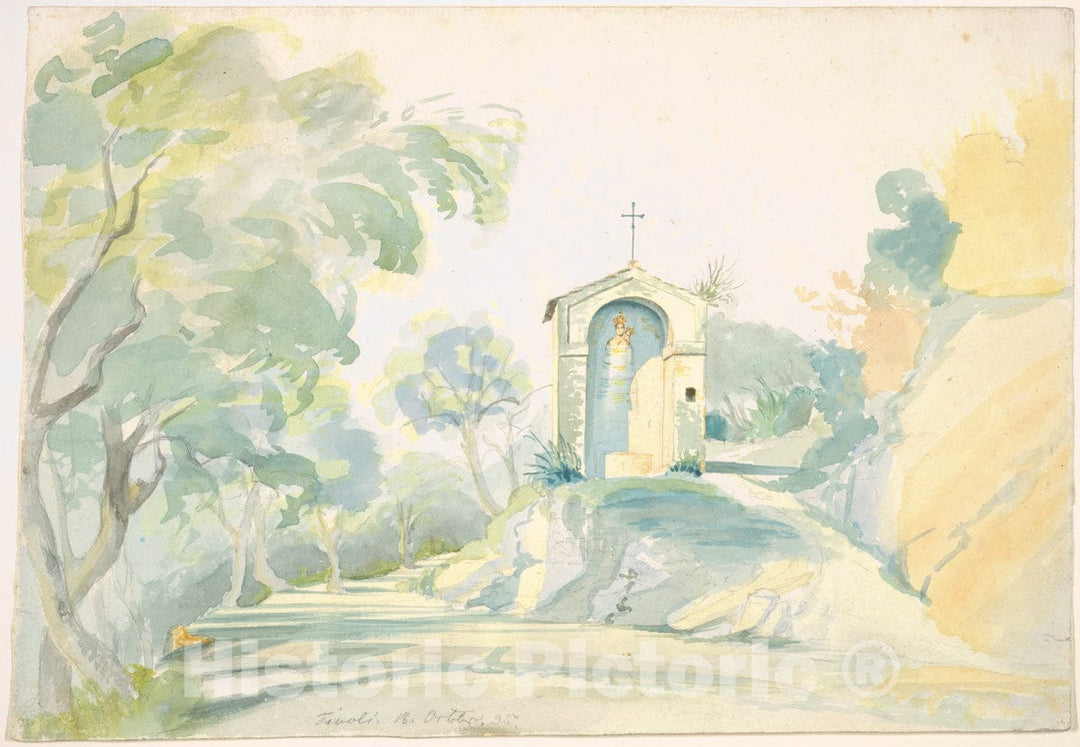 Art Print : August Georg Friedrich Lucas - A Roadside Chapel Near Tivoli : Vintage Wall Art