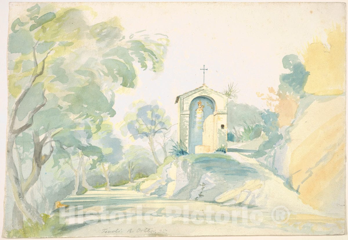 Art Print : August Georg Friedrich Lucas - A Roadside Chapel Near Tivoli : Vintage Wall Art