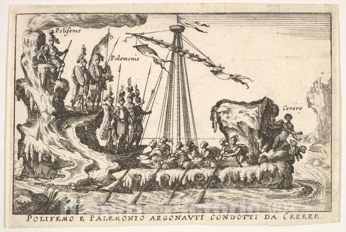 Art Print : Plate 8: Polyphemus and Palemonius led by Ceres - Artist: Remigio Cantagallina - Created: 1664 : Vintage Wall Art