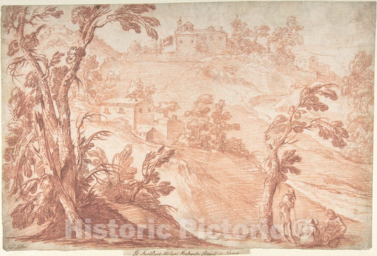 Art Print : Aureliano Milani - Hilly Landscape with Three Figures : Vintage Wall Art