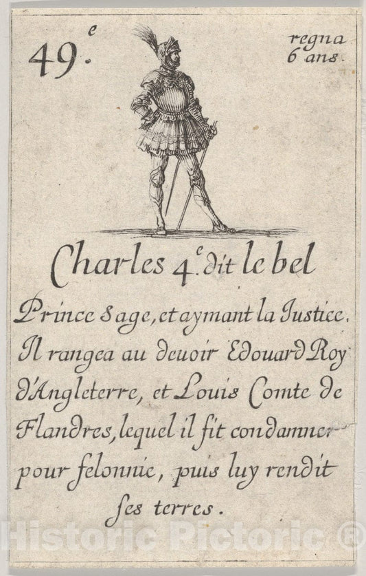 Art Print : Stefano Della Bella - Charles 4.e- dit le bel/Prince sage, from 'Game of The Kings of France' (Jeu des Rois de France) : Vintage Wall Art