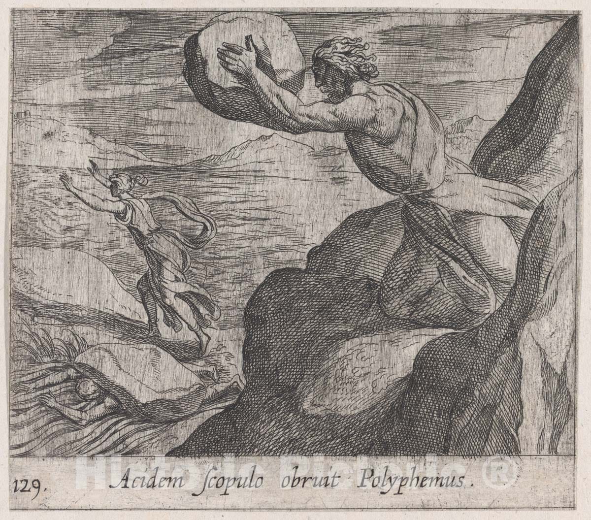 Art Print : Antonio Tempesta - Plate 129: Acis Killed by Polyphemus (Acidem Scolpulo orbruit Polyphemus), from Ovid's 'Metamorphoses' : Vintage Wall Art