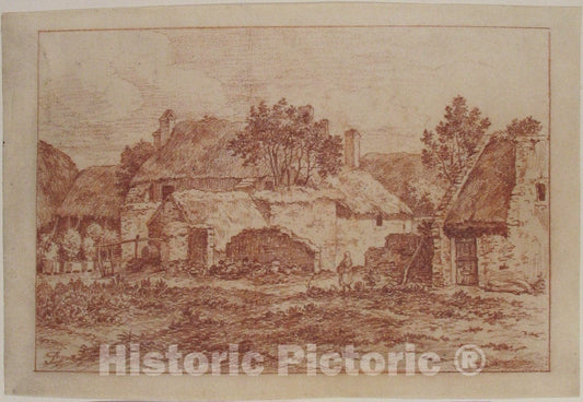 Art Print : French, 18th Century - Landscape with a Farmyard, Thatched-Roofed Buildings and a Peasant Woman : Vintage Wall Art