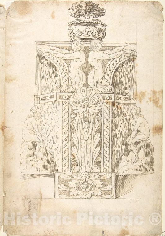 Art Print : Italian, Lombard, 16th Century - Design for a Wall Fountain 1 : Vintage Wall Art