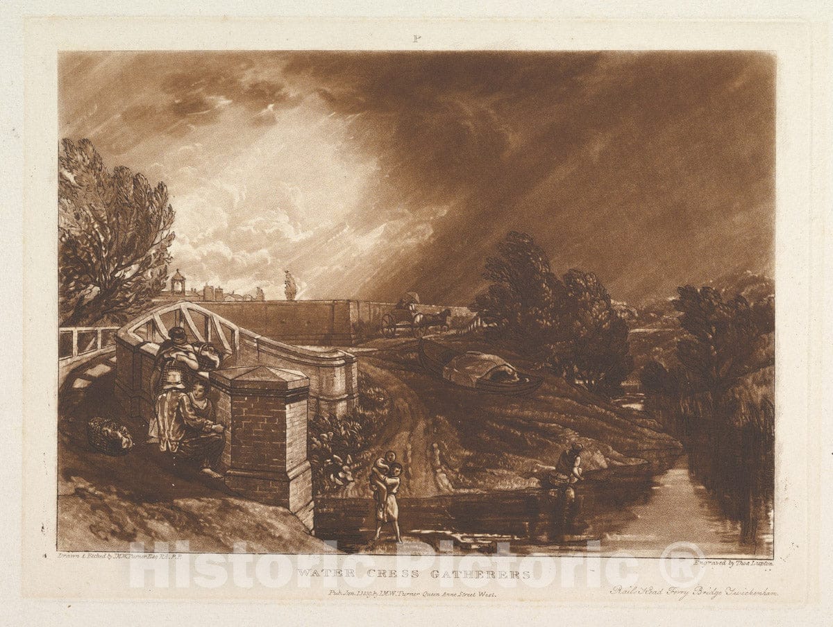 Art Print : Designed and Etched by Joseph Mallord William Turner - Water Cress Gatherers, Rails Head Ferry Bridge, Twickenham (Liber Studiorum, Part XIII, Plate 62) : Vintage Wall Art