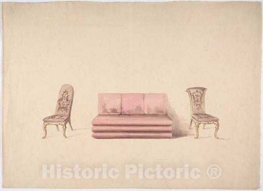 Art Print : British, 19th Century - Design for a Pink Sofa and Two Mauve Chairs : Vintage Wall Art