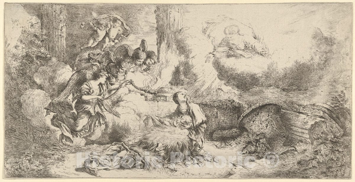 Art Print : Giovanni Benedetto Castiglione (Il Grechetto) - Nativity with God The Father and Angels : Vintage Wall Art
