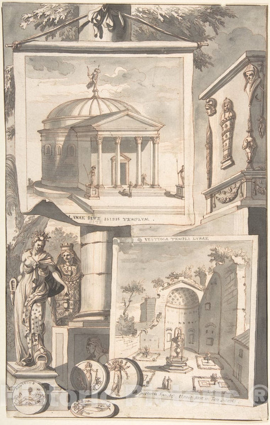 Art Print : Jan Goeree - A Reconstruction of The Templum Isis (Above) and a View of The Ruins (Below) : Vintage Wall Art
