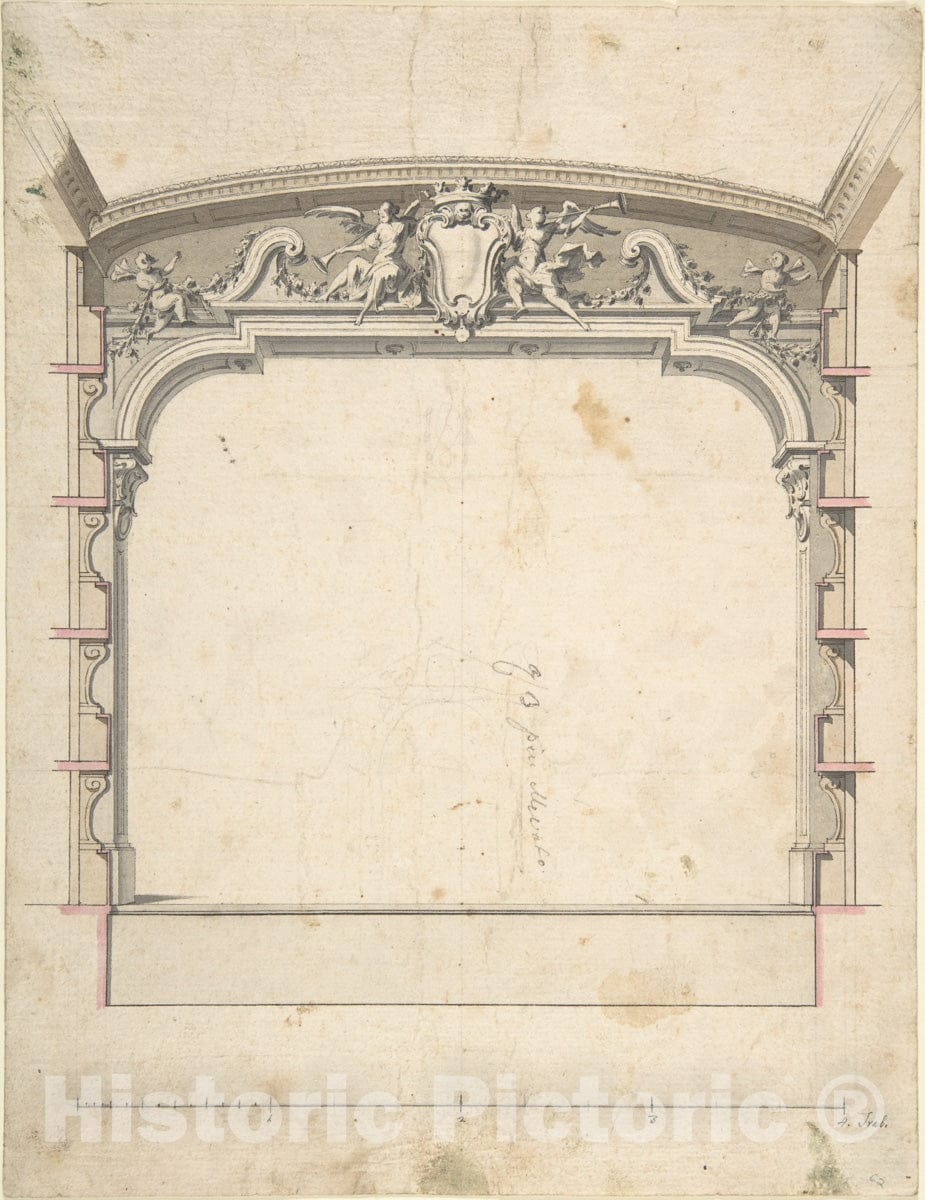 Art Print : Italian, Piedmontese, 18th Century - Design for The Proscenium Arch of a Theatre with Two Trumpeting Angels Holding a Cartouche : Vintage Wall Art