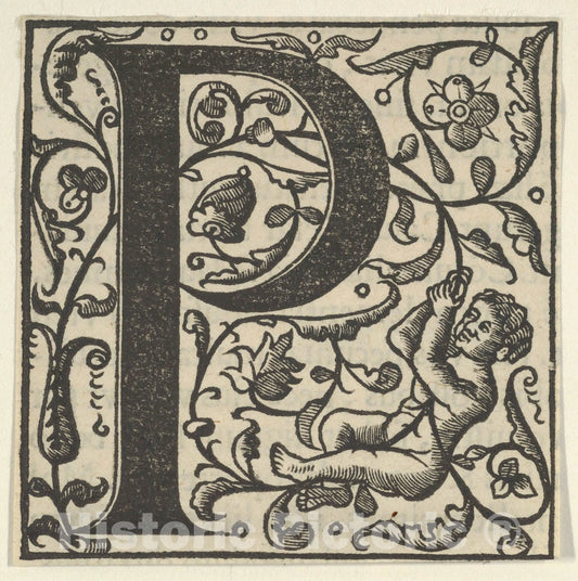 Art Print : Initial Letter P with putto : Vintage Wall Art