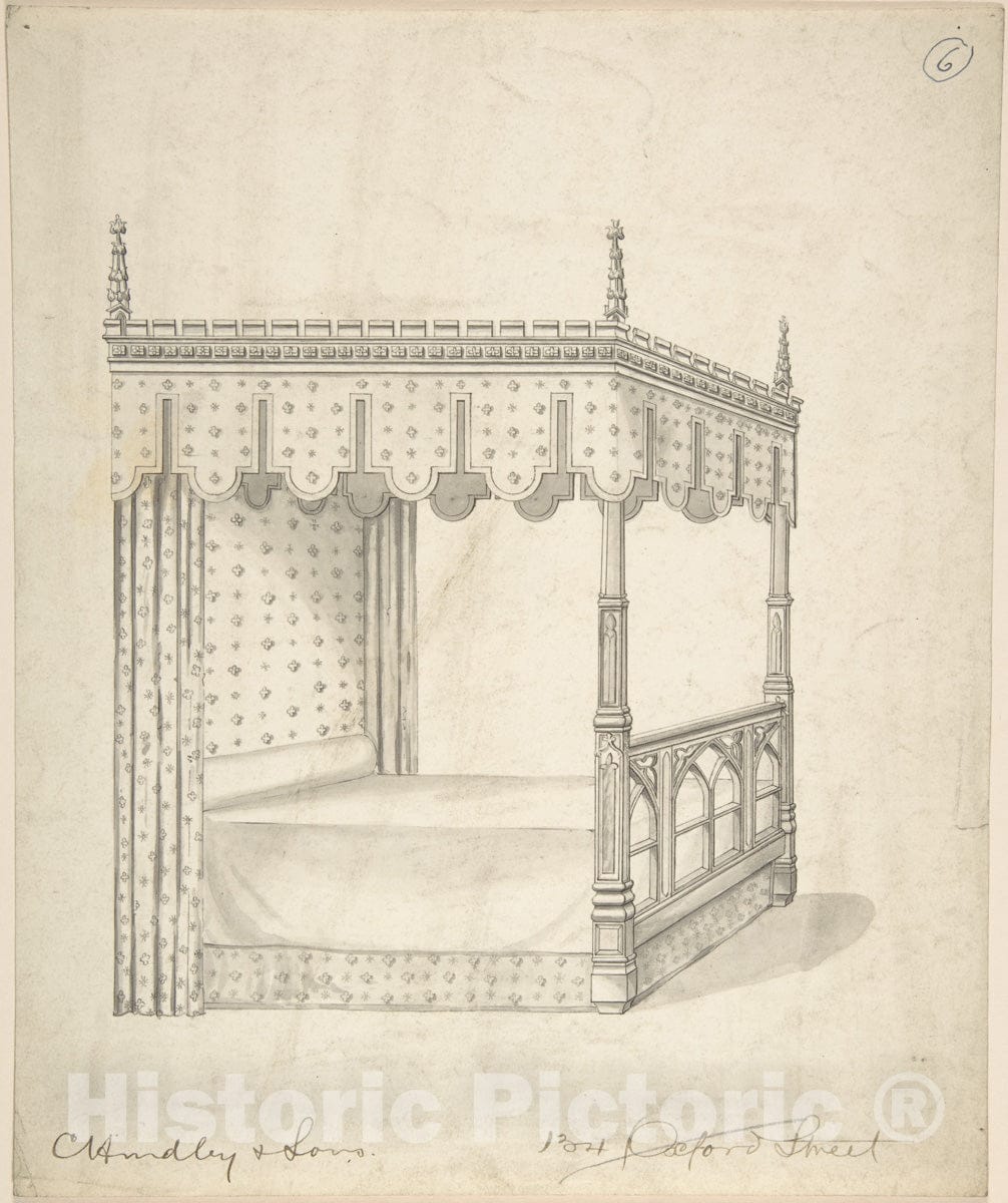 Art Print : Charles Hindley and Sons - Design for a Gothic Bed with Canopy 2 : Vintage Wall Art