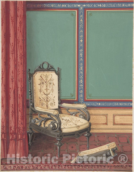 Art Print : A. Kofmann - Interior Design with a Cream and Gray Chair, Red Curtain and Rug and Green, Blue and Red Panelled Wall : Vintage Wall Art