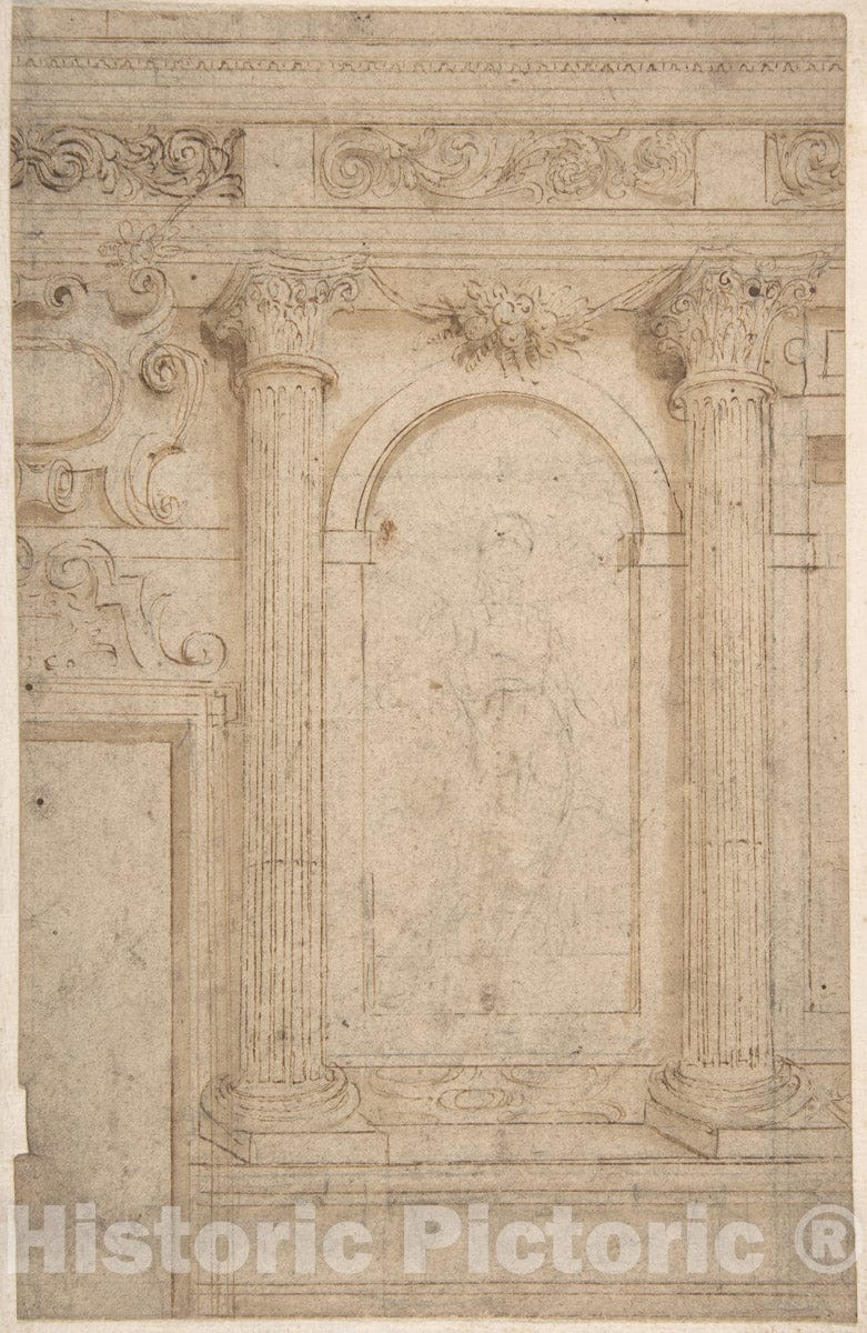 Art Print : Italian, 17th Century - Architectural Design with Two Columns and Figure : Vintage Wall Art