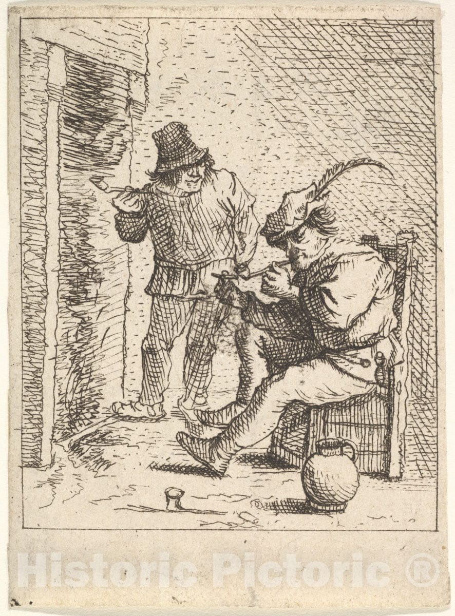 Art Print : Two Male Peasants Holding Pipes Before a Fireplace - Artist: David Teniers The Younger - Created: c1625 : Vintage Wall Art