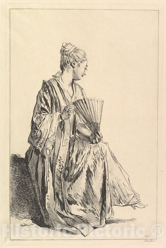 Art Print : François Boucher - Femme assise, de profil à Droite, jouant de l'eventail : Vintage Wall Art