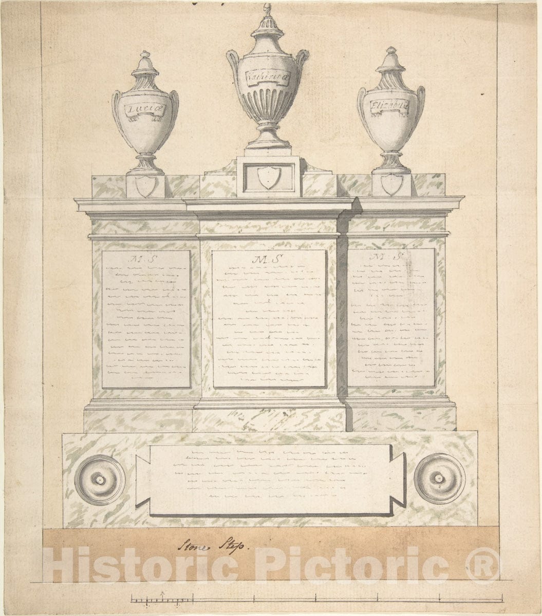 Art Print : Joseph Wilton - Design for a Monument to The Three Wives of The First Earl of Guilford, at Wroxton, Oxfordshire : Vintage Wall Art