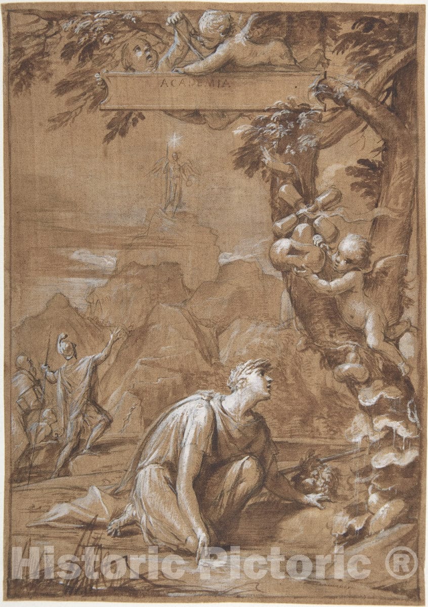 Art Print : Giovanni Angelo Canini - Allegorical Composition with a Young Man Kneeling Before a Tree : Vintage Wall Art