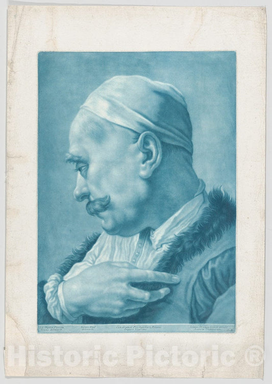 Art Print : Imaginary Portrait Head of a Man Wearing a Cap and Fur-Trimmed Coat - Artist: Johann Lorenz Haid - Created: c1730 : Vintage Wall Art